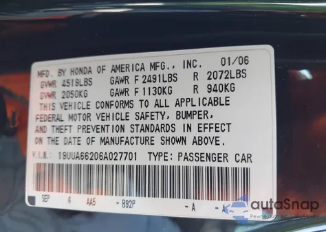 2006 Acura Tl from USA, damaged, VIN 19UUA66206A027701